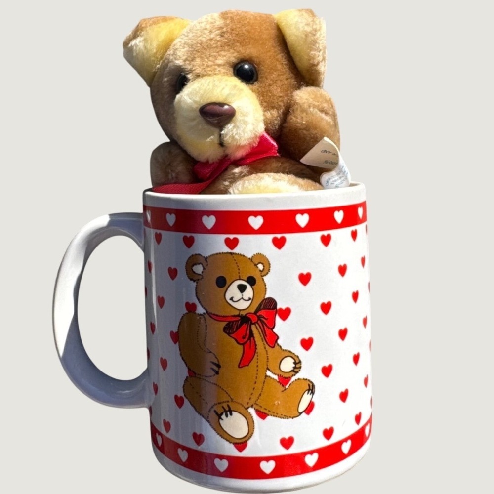 Vintage Viking Korea Teddy Bear Heart Mug with Plush Bear Valentine Gift Set